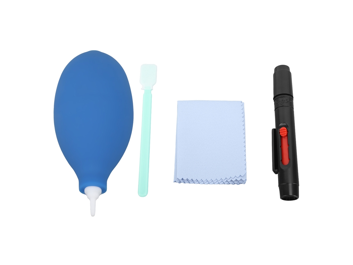 Kit profesional 4 en 1 para la limpieza de cámaras: lápiz, soplador de aire y limpiador de lentes y sensores.