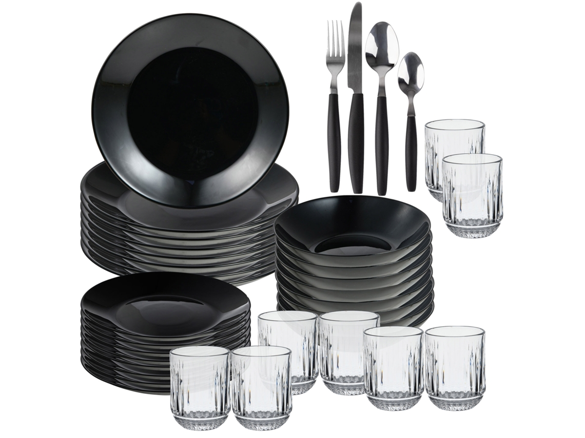 Vajilla Negra 24 Piezas 8 Vasos Set 32 Cubiertos San Ignacio (380ml)