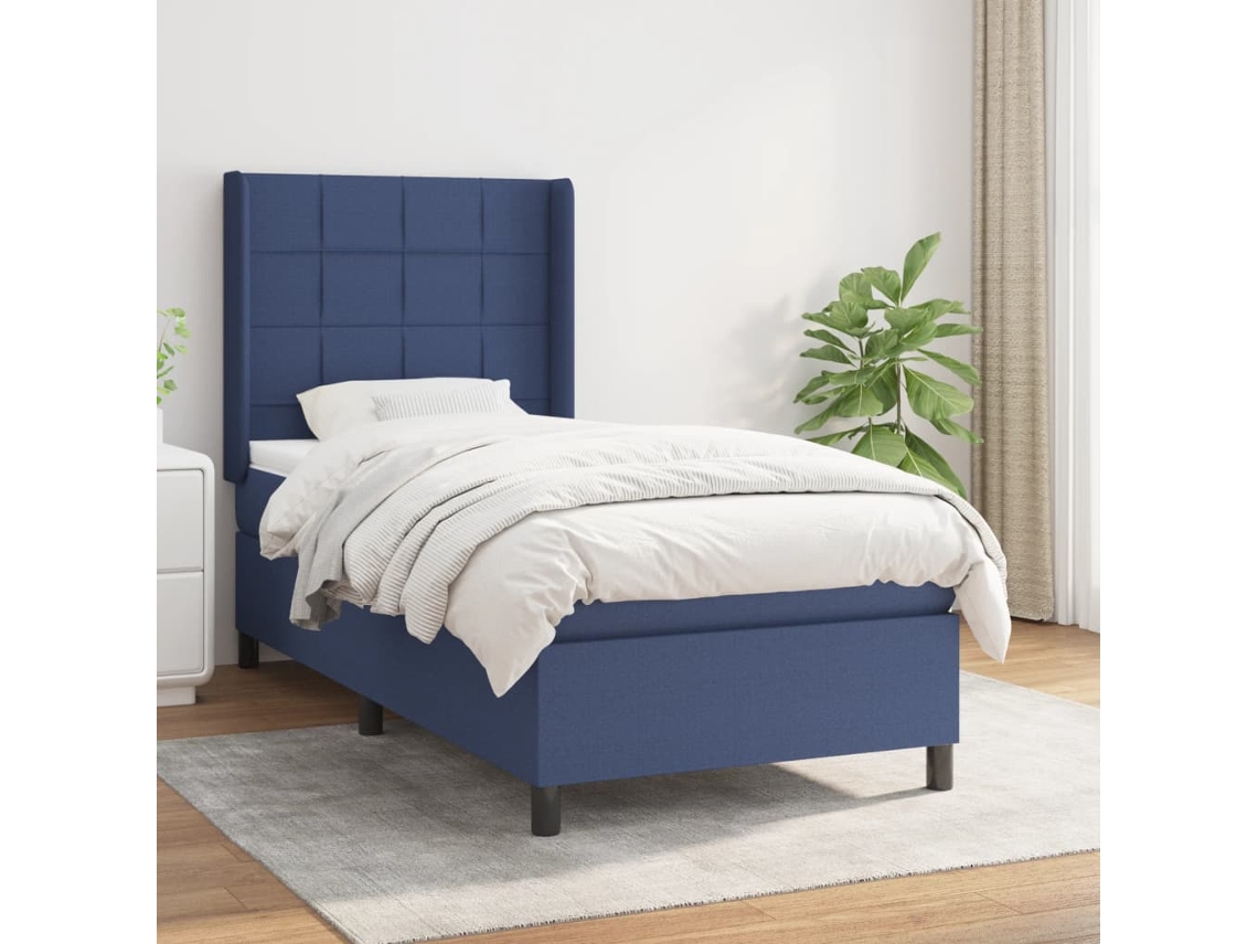 Cama Individual | Cama Box Spring Con Colchón Tela Azul 80x200 Cm