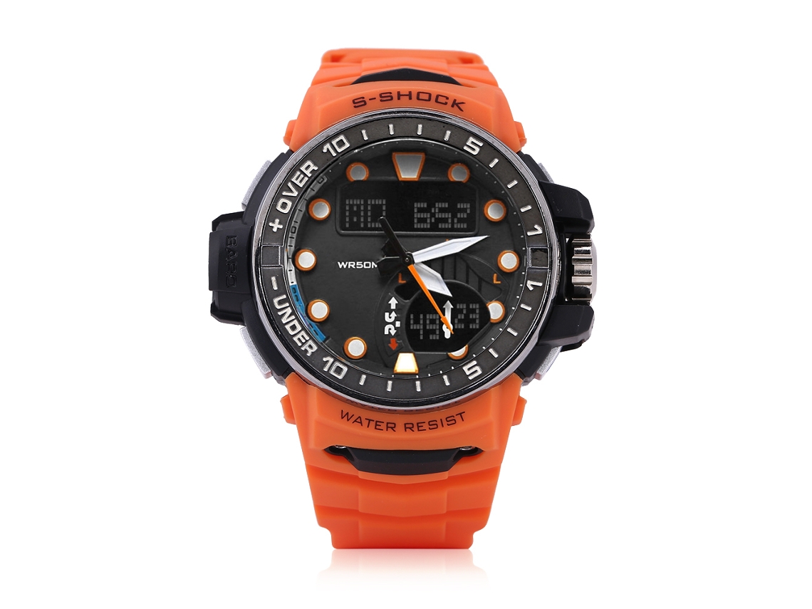 Reloj Deportivo Smael Con Doble Pantalla Analógica-digital Led Y Correa Naranja.