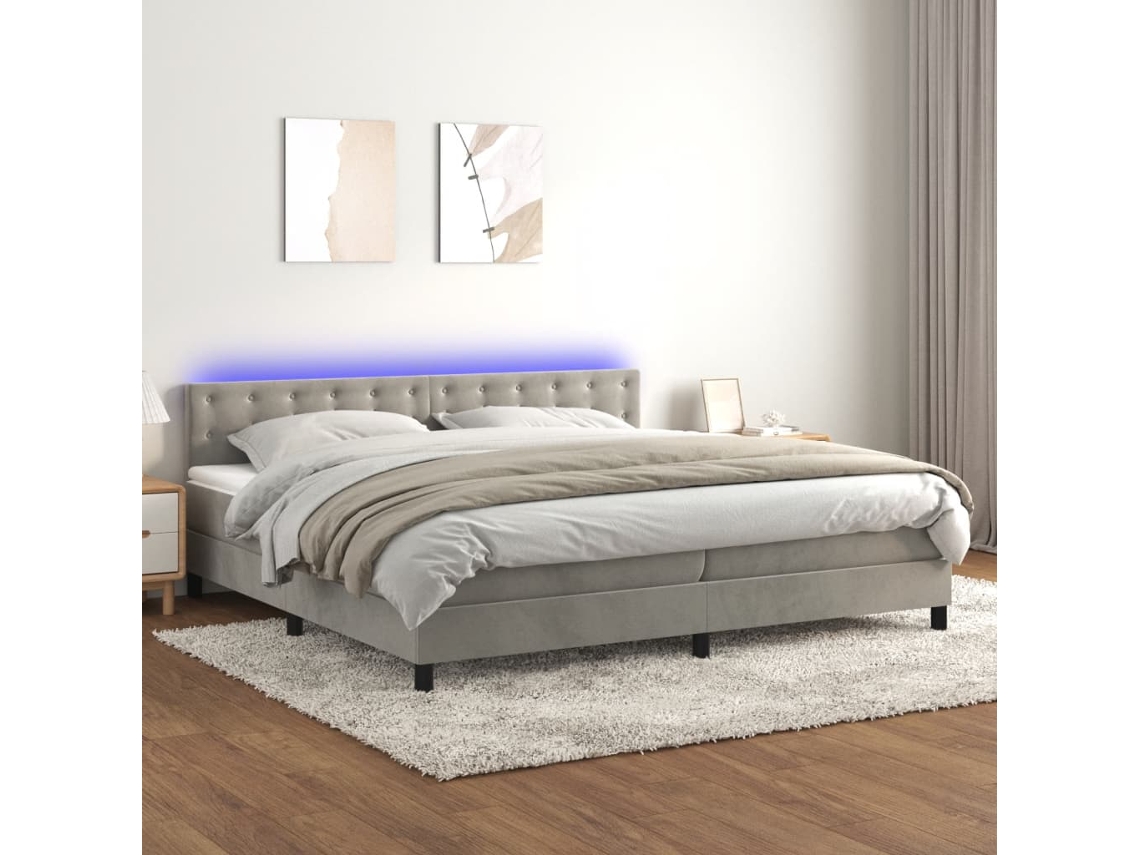 Cama Box Spring Colchón Y Led Terciopelo Gris Claro 200x200 Cm