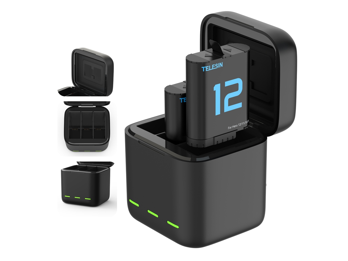 Cargador De Baterías Telesin Para Gopro Hero 12/11/10/9 Con 2 Baterías 1720mah Y Caja De Carga 3 Ranuras