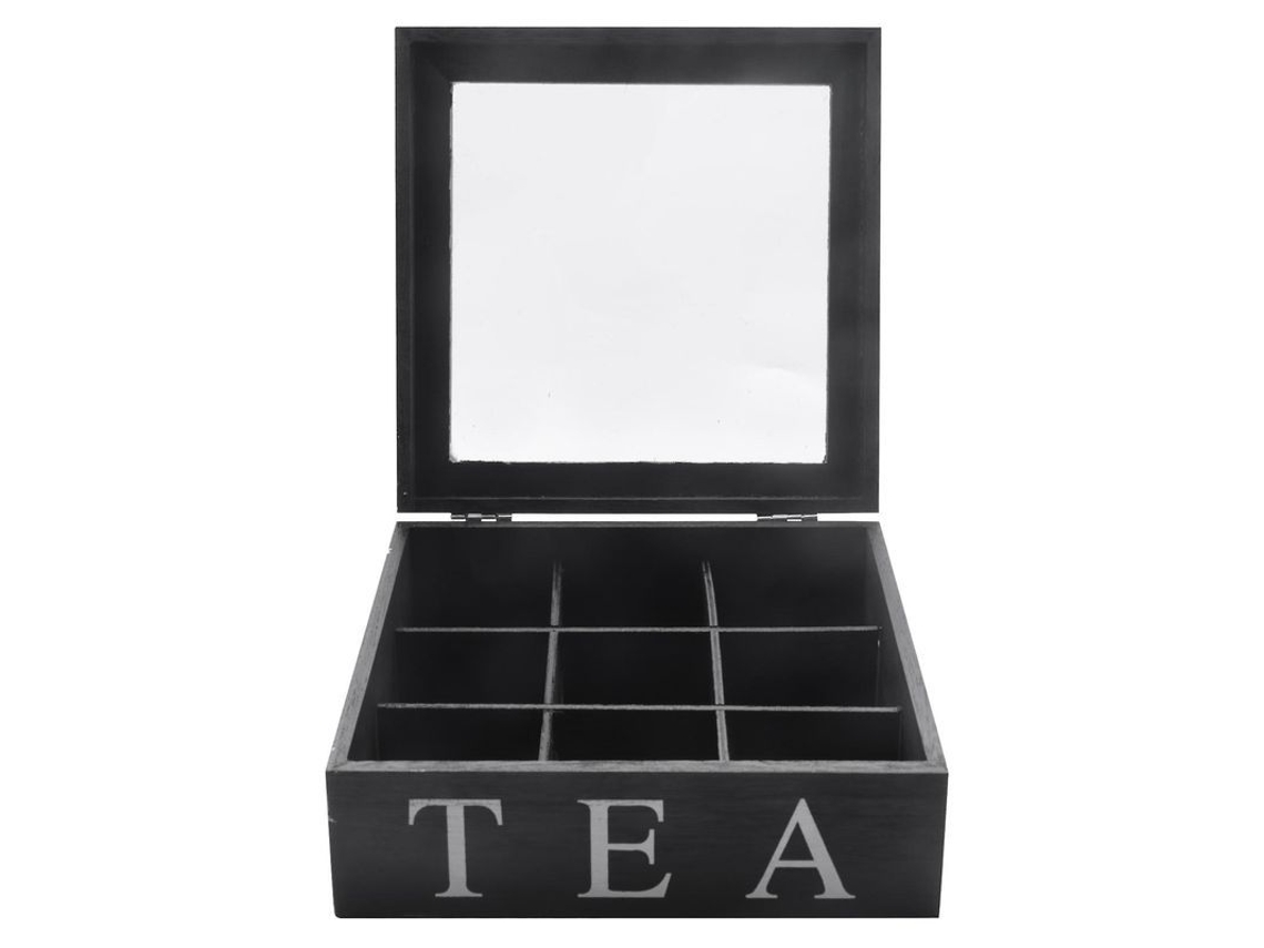 Caja De Té De Madera De 9 Compartimentos Con Tapa Transparente, Juego De Regalo Cuadrado Negro.