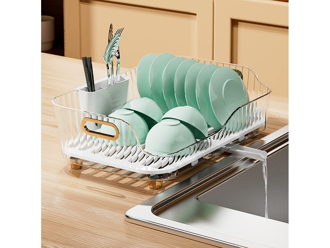 Encantador escurridor de platos de cocina con diseño compacto, construcción duradera y resistente a la oxidación para entornos húmedos, elegantes asas de madera que