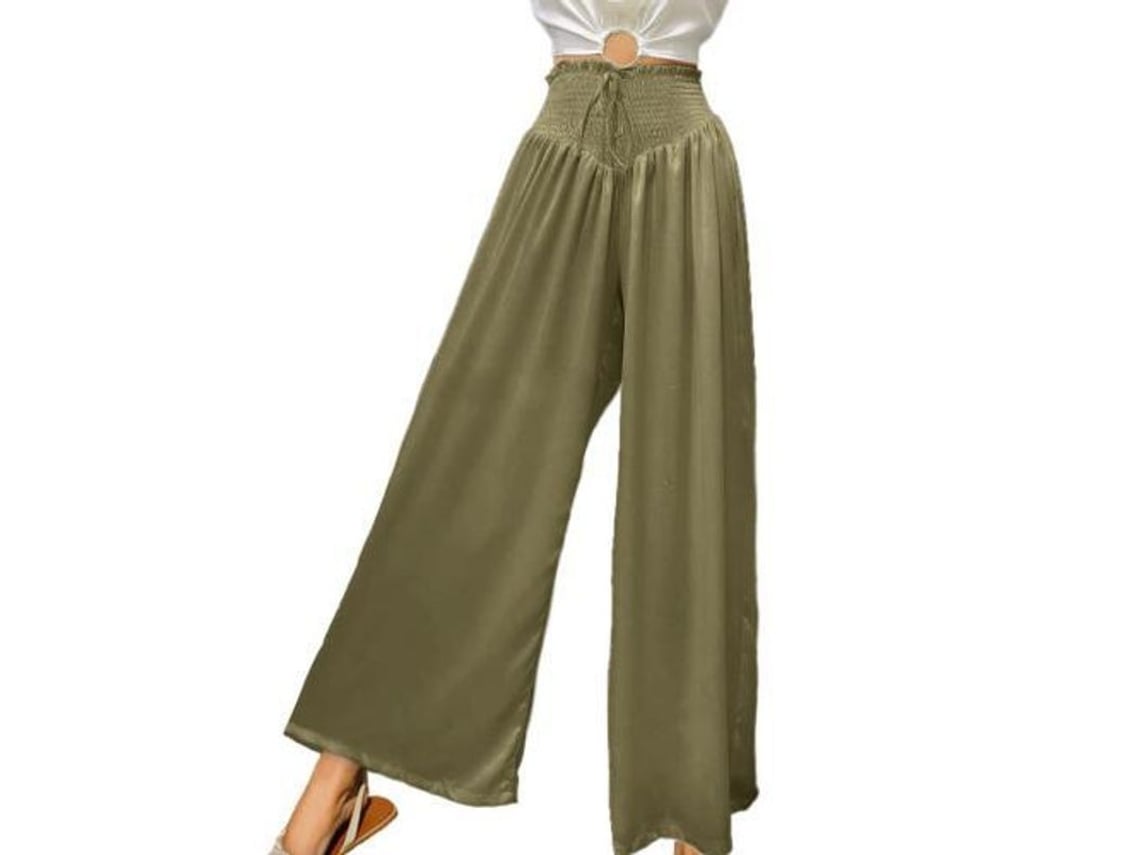 2026-24353-pantalones Casual Verano De Cintura Alta Elástica Con Bolsillos Flowy Para Mujer S Verde Oliva