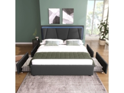 Cama Tapizada 140x200cm - Con Led, 4 Cajones, Cabecero Ajustable, Somier De Madera - Gris