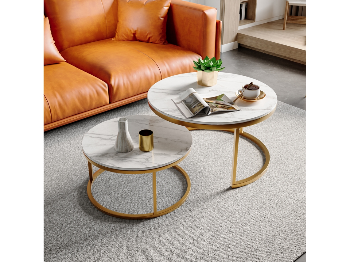 Conjunto de 2 mesas de centro y auxiliares redondas de 80x80x45cm y 60x60x35cm Rosahqnda (Estructura dorada y tablero blanco)