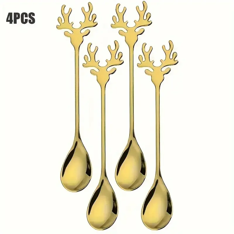 (conjunto De 4 Piezas De Oro) Acero Inoxidable Alce Vajilla, Navidad Alce Postre Cuchara, Cuchara De Café, Cuchara De Mezcla