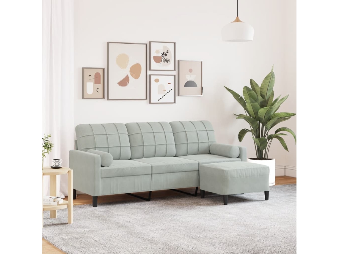 Sofá De 3 Plazas | Sofá De Salón | Sofá De Descanso Con Taburete De Terciopelo Gris Claro 180 Cm Wsd381176
