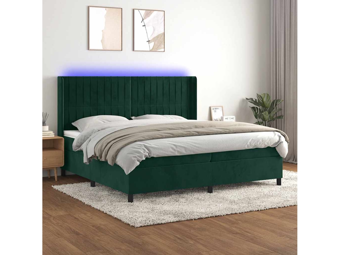 Syfax™ Cama Box Spring Colchón Y Led Terciopelo Verde Oscuro 200x200cm