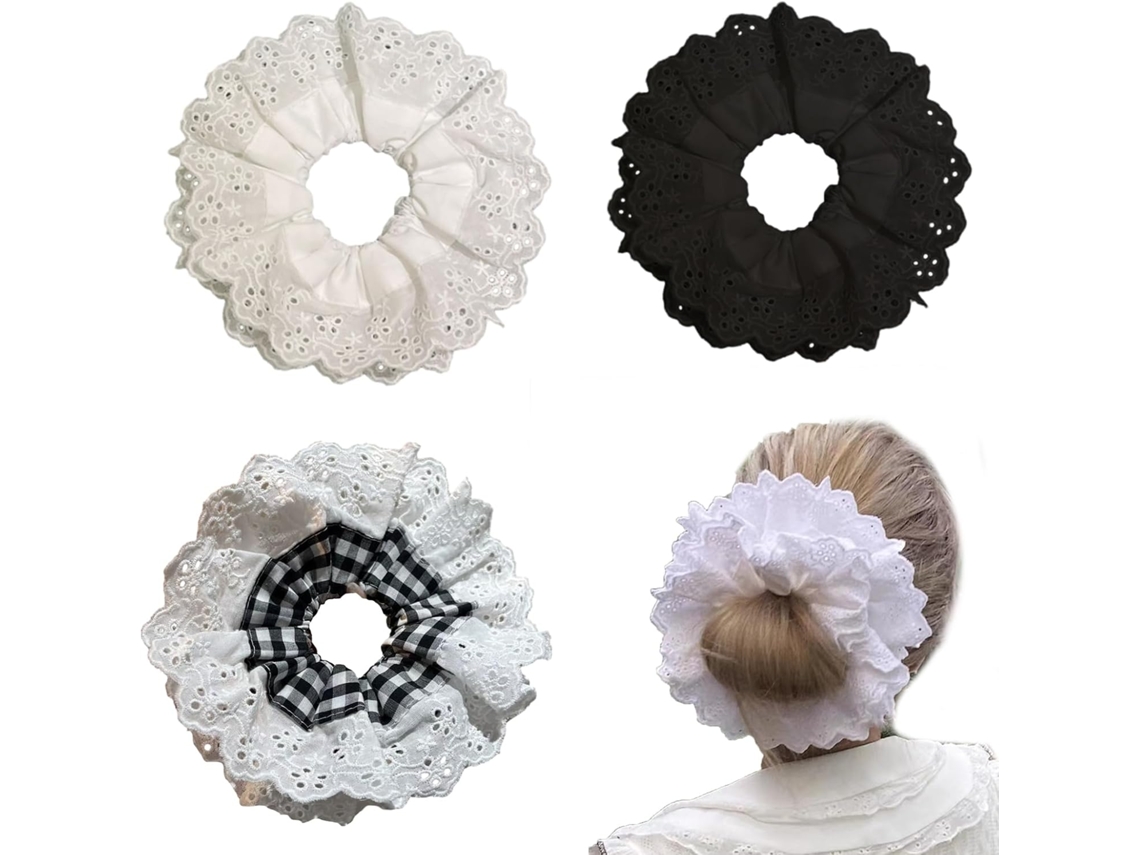 Tres juegos de pinzas suaves para el cabello para mujer: pinzas de encaje blanco (con estampado cuadrado blanco, negro y blanco).