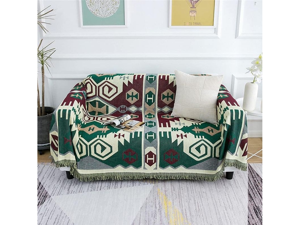 Manta Decorativa Con Pompones, Estampado Geométrico Étnico Retro, Ideal Para Sofá, Cama, Mesa O Viajes, 130 X 180 Cm.