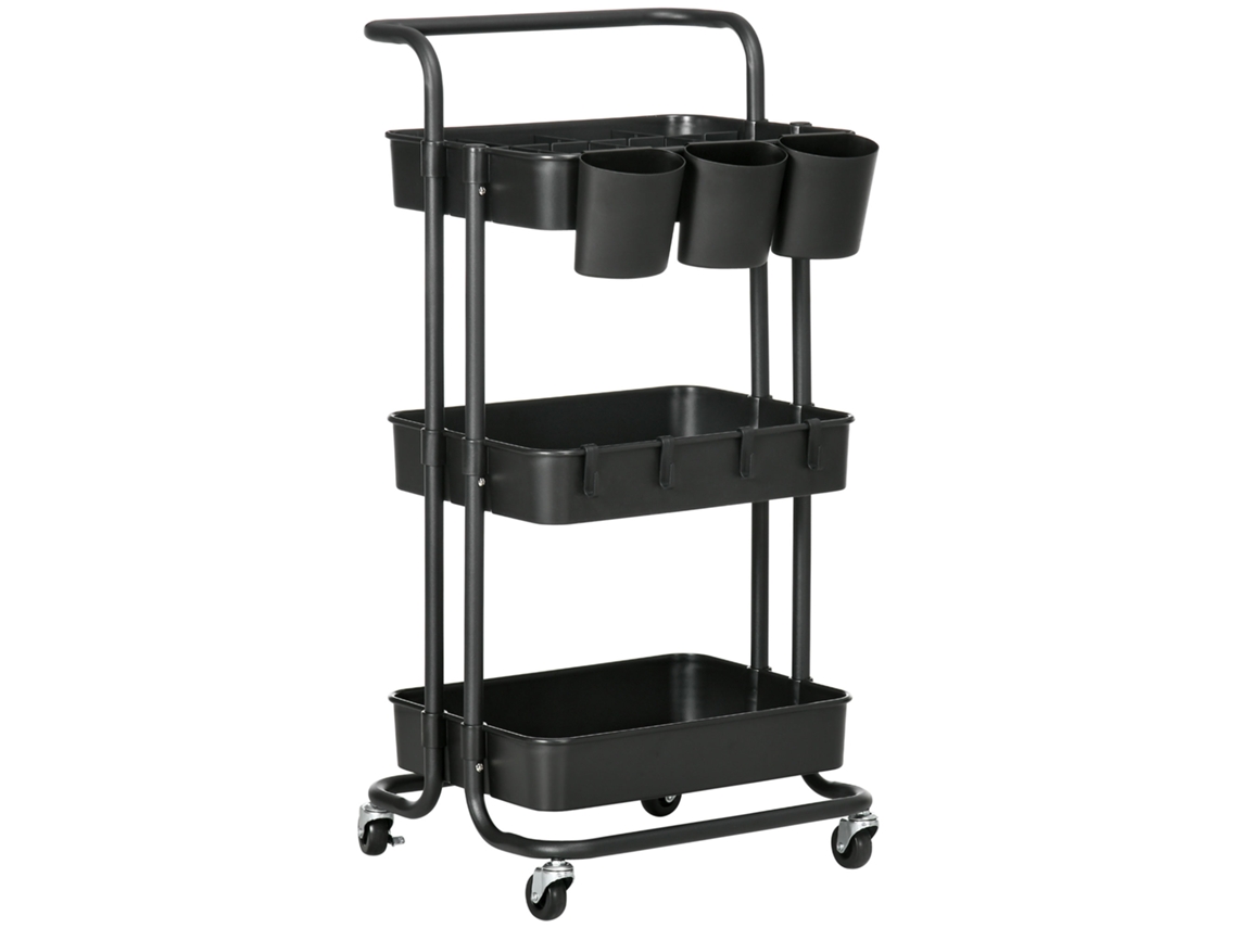 Carrito De Servicio De 3 Niveles Con 4 Ganchos Y 3 Cajas Colgantes Extraíbles, 42 X 38 X 86,5 Cm, Negro.