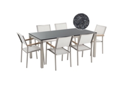 Conjunto de jardín mesa con tablero de piedra natural pulida negra 180 cm, 6 sillas de tela blanca BELIANI Grosseto