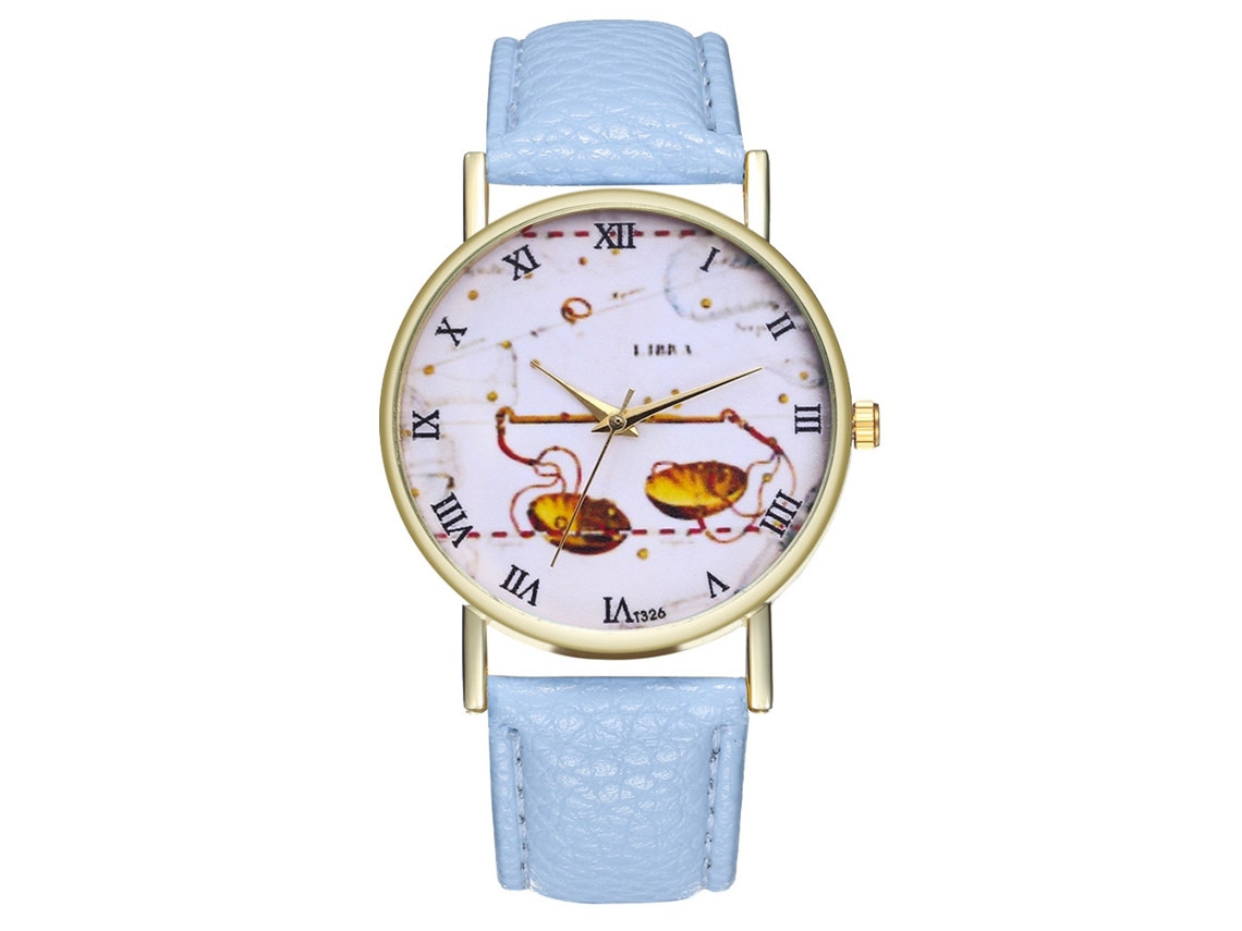 Reloj De Pulsera Unisex Con Correa De Piel Sintética Con Estampado Libra En Azul Claro.