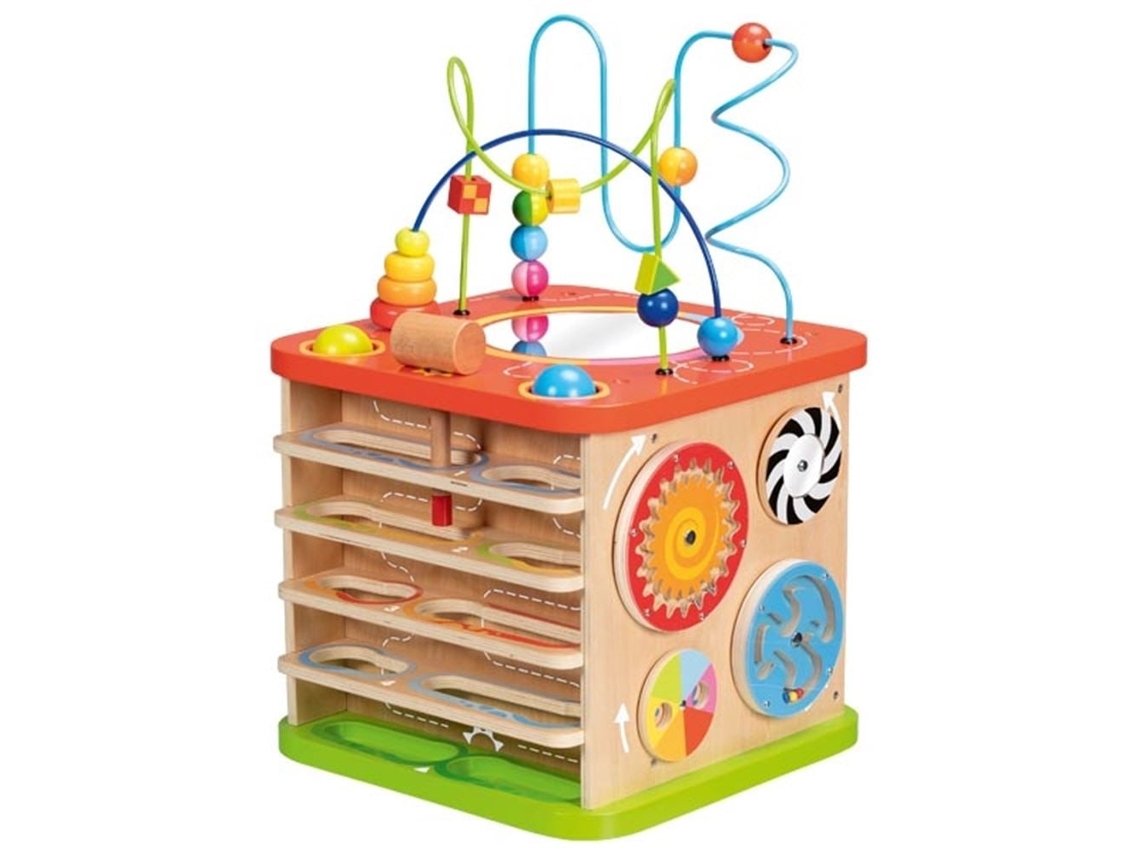 Cubo de actividades Goki XXL, juguete de madera para desarrollar la coordinación motora.
