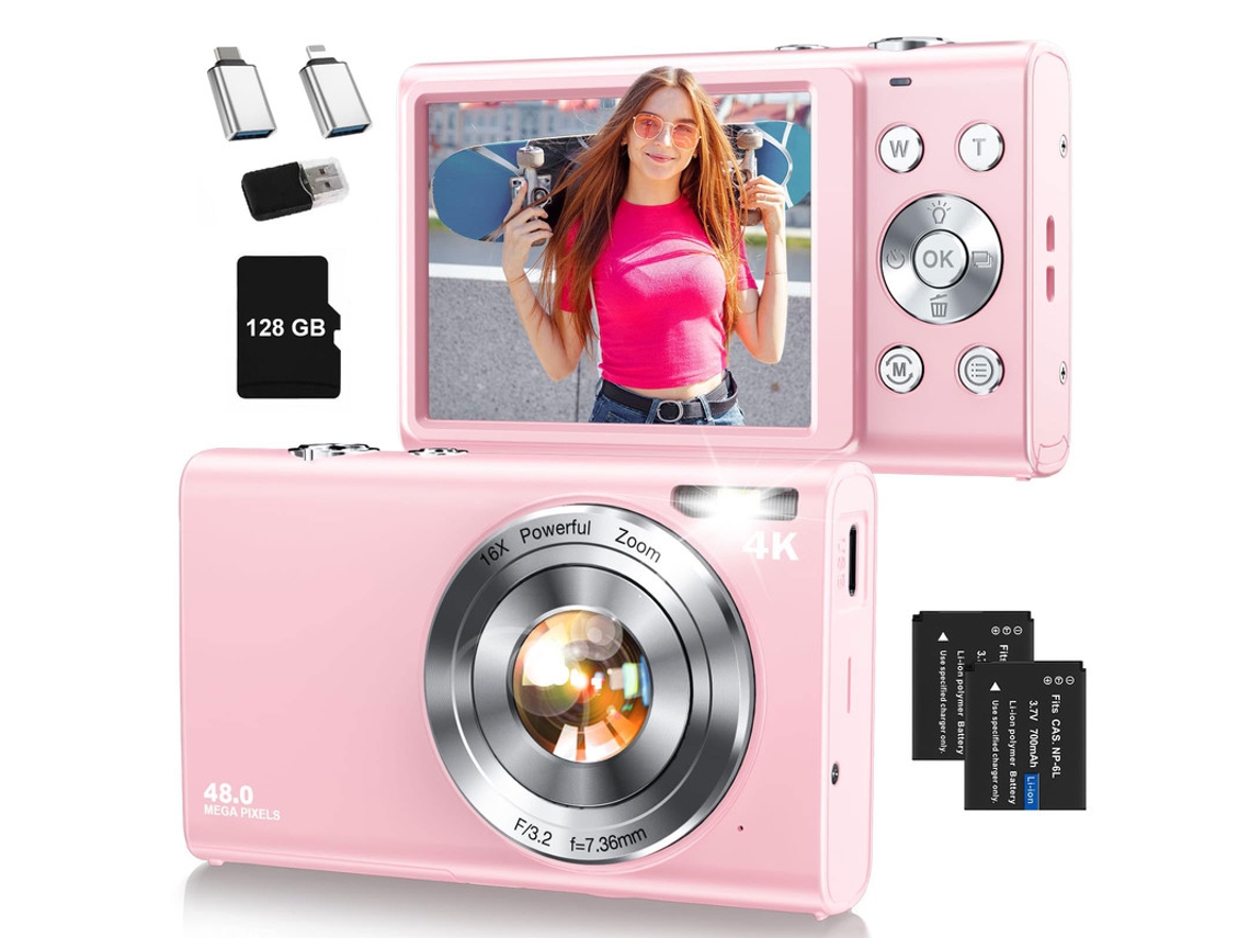 Cámara Digital Compacta Szsmart Dc402, Pantalla Fhd 4k De 2,8 Pulgadas, 48 ​​mp, Zoom 16x, Para Niños (2 Cables Otg, 2 Baterías, 128 Gb) - Rosa