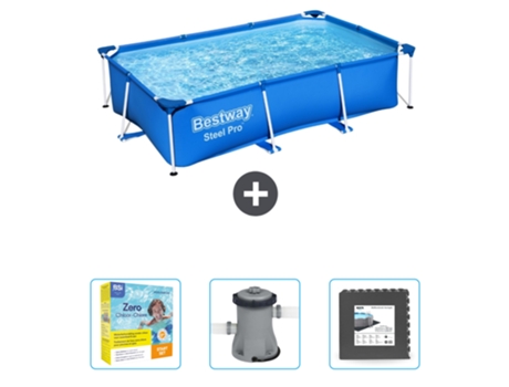 Piscina BESTWAY Rectangular Steel Pro - 259 x 170 x 61 cm - Azul - Incluida Paquete de mantenimiento - Bomba - Baldosas