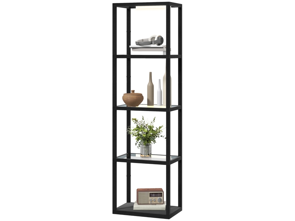 Lámpara De Pie Led Con Estante De 4 Niveles, Cristal, Mdf Negro.