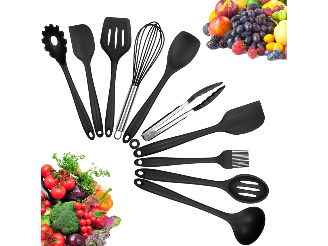Juego de utensilios de cocina de silicona de 10 piezas, resistente al calor, 446 °F, negro, chrui