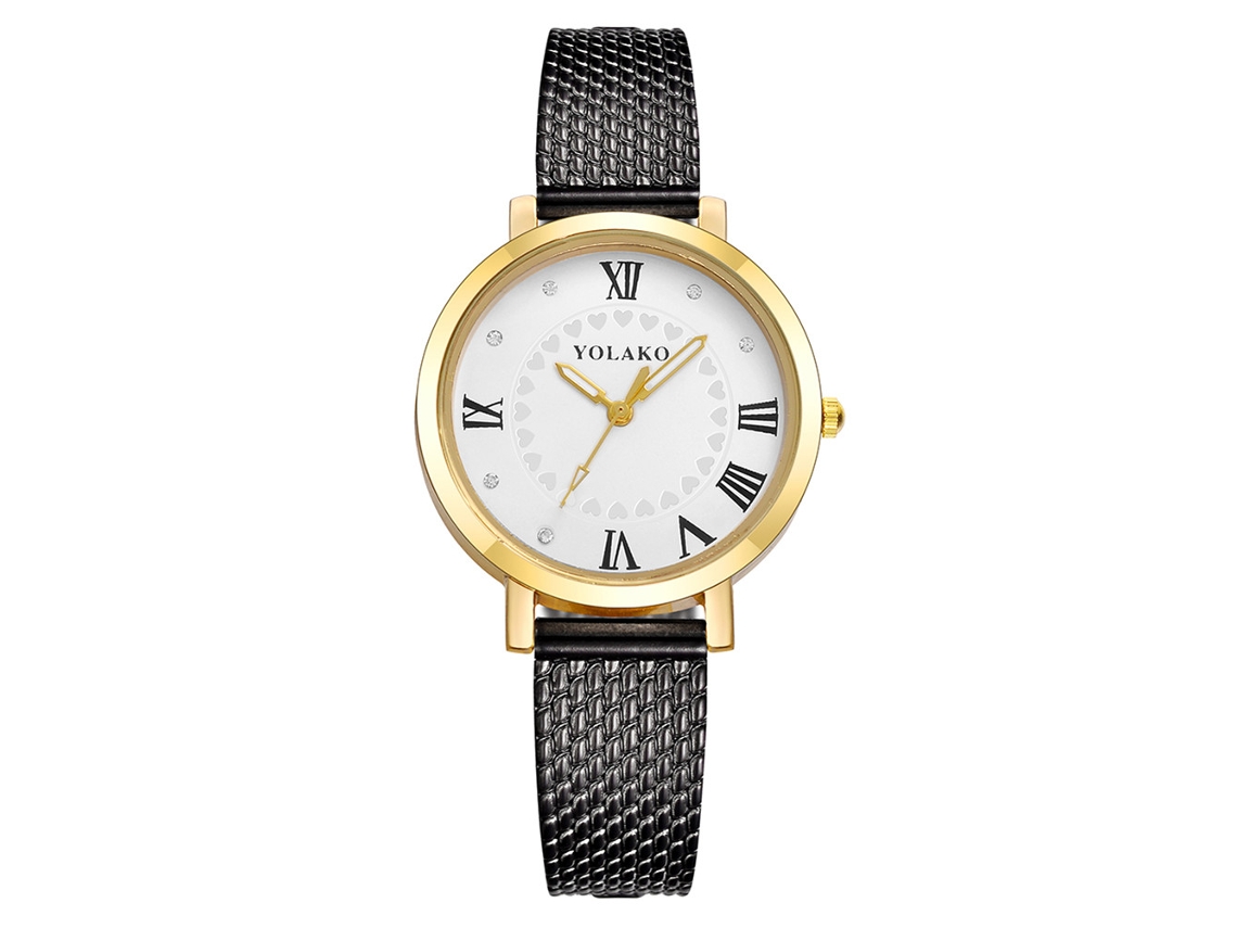 Reloj De Pulsera De Cuarzo Yk Para Mujer Con Números Romanos Y Esfera Con Pedrería, Correa De Plástico Negra.