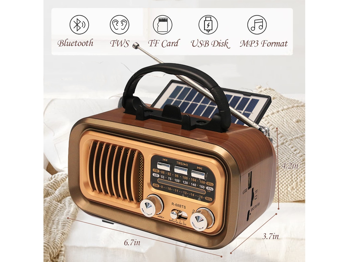 Radio portátil vintage Viewleaf con DSP, FM/AM/SW, altavoz Bluetooth inalámbrico, carga solar, reproductor USB y batería extraíble