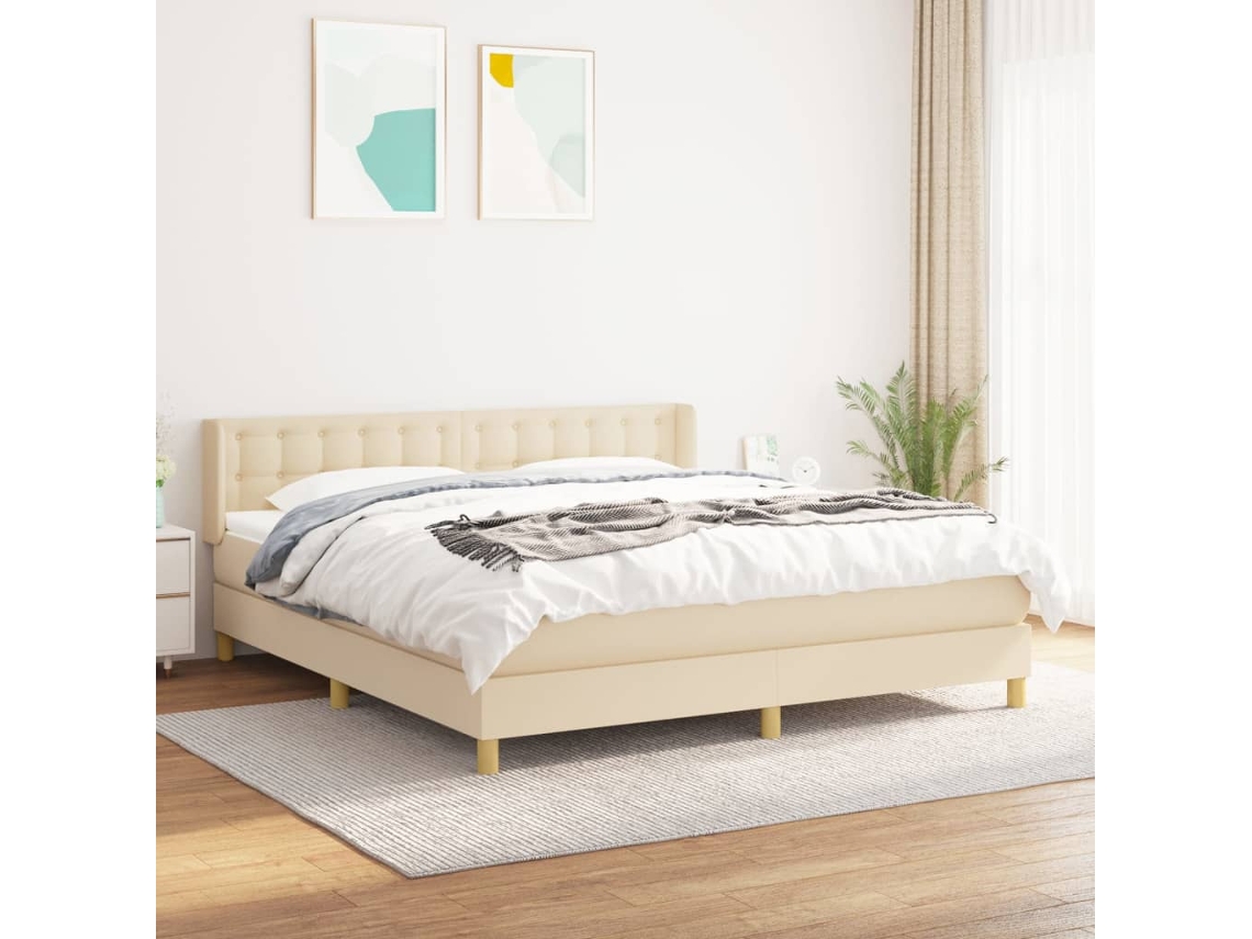Cama Box Spring Con Colchón Tela Color Crema 160x200 Cm