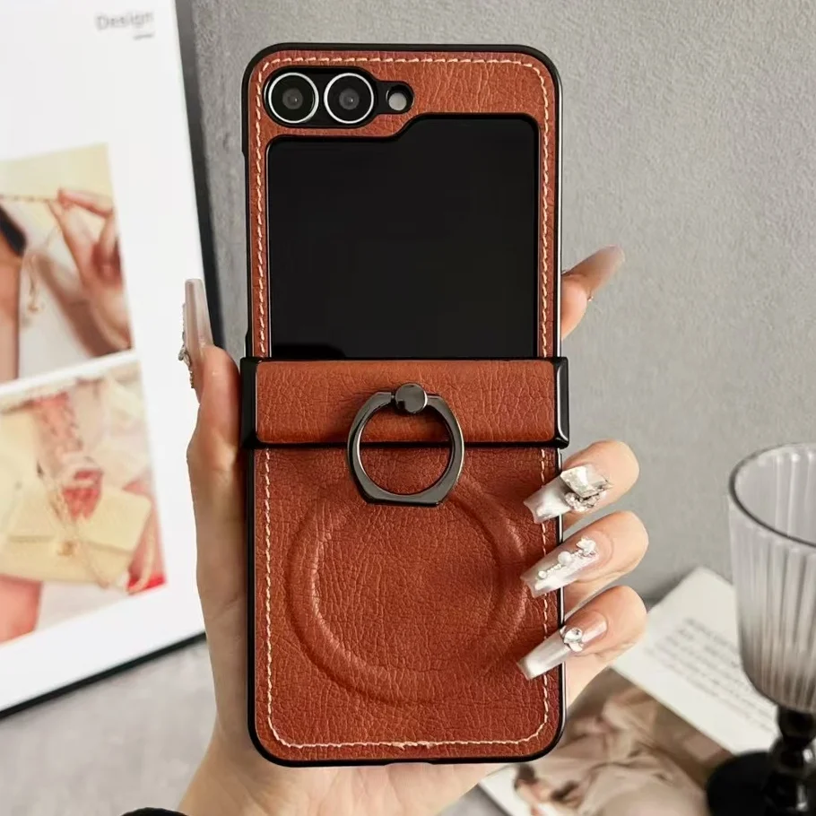 (marrón, Galaxy Z Flip7 Fe) Funda Retro De Piel Granulada Con Soporte De Bisagra Magnética