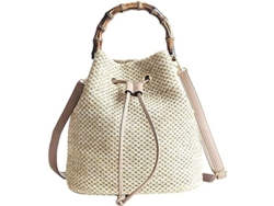 2026-bolsa Cesta De Paja Con Asa De Bambú Y Correa De Cuero Pu Para Hombro O Cruzado Tote Moda Verano
