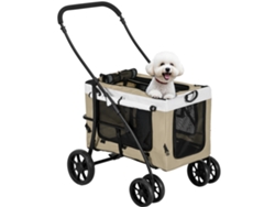 Cochecito plegable para perros con carrito desmontable, 4 puertas, cinturones de seguridad y cojín - Caqui
