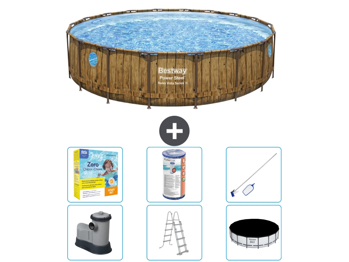 Piscina BESTWAY Round Power Steel Swim Vista - Impresión en madera - 549 x 122 - Incluye bomba - Escalera - Cubierta Accesorios CB36
