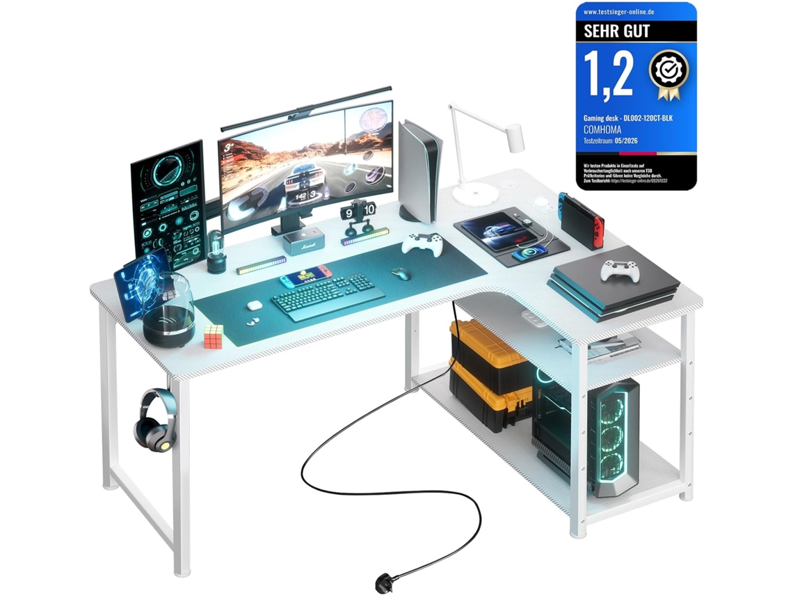 Comhoma Mesa Gaming Con Enchufe, 130x80 Cm, Mesa De Esquina En L Con Usb Y Estante, Ordenador Para Oficina Y Home Office, Blanco