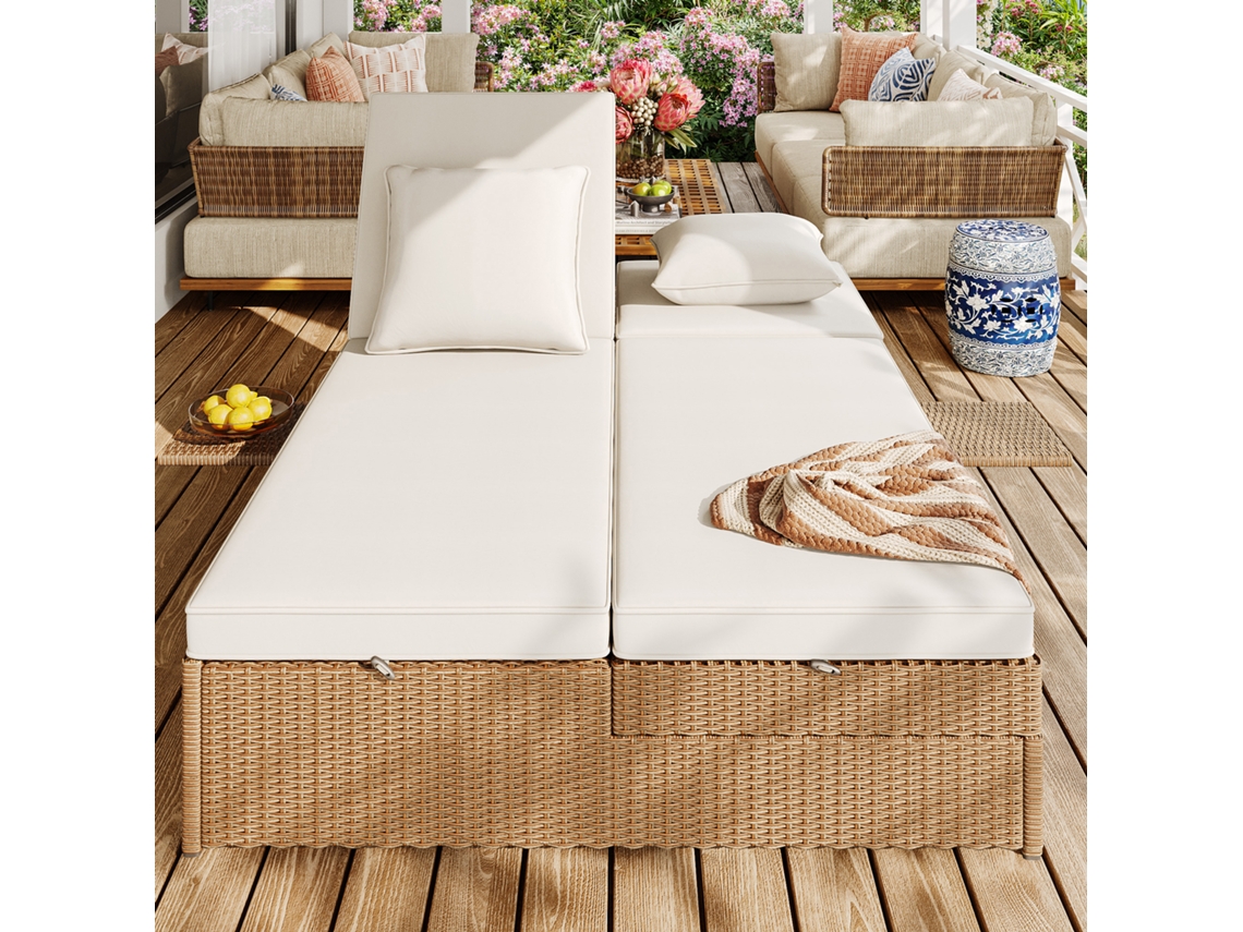 Conjunto de jardín para 2 personas, sofá de ratán sintético con 2 cojines y tumbona plegable de jardín natural.