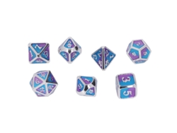 Conjunto de 7 dados poliédricos metálicos com números brancos nítidos para jogos de mesa, cor bordô.
