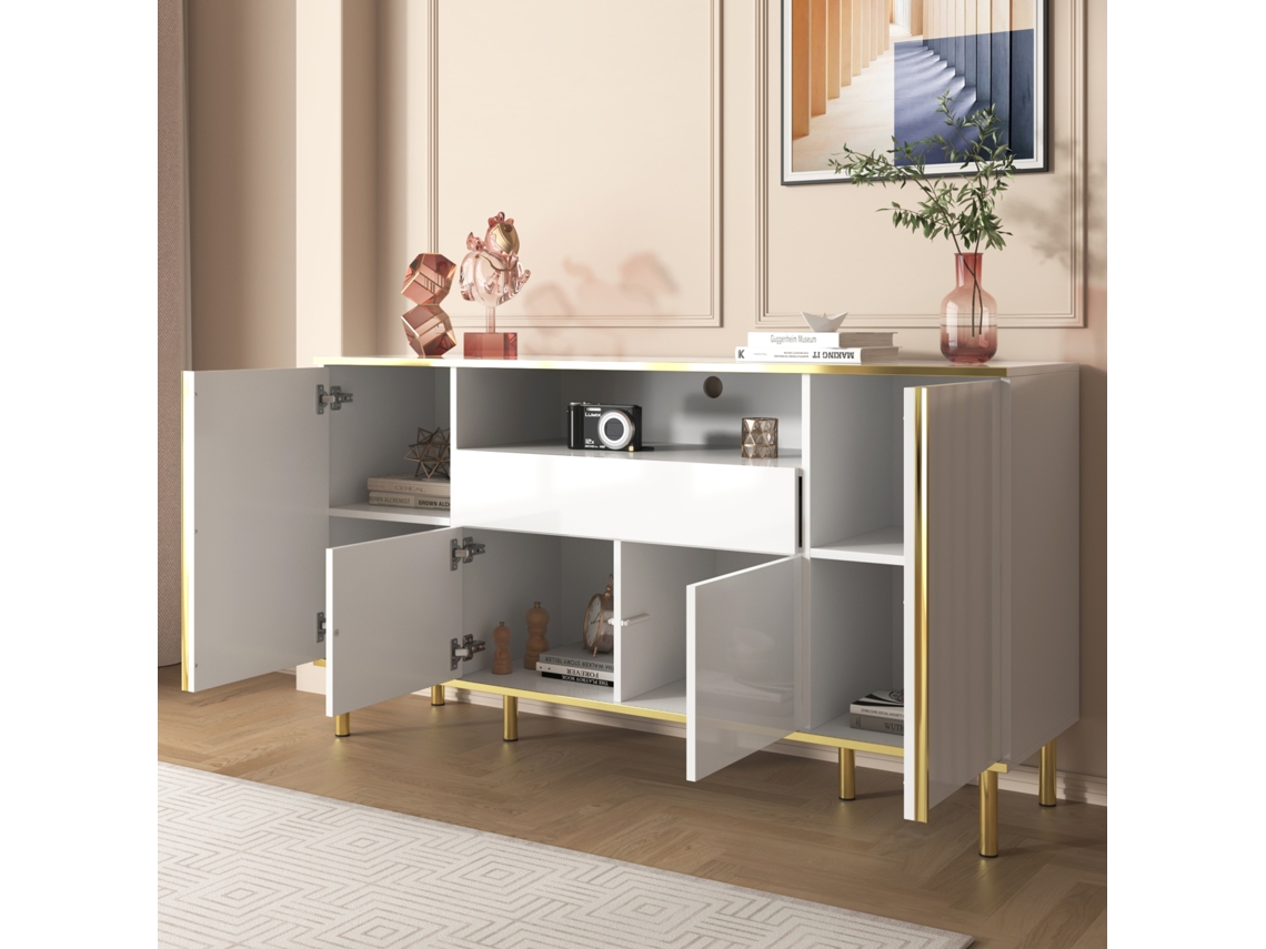 Aparador lacado en blanco con 1 cajón, diseño moderno y brillante, 150 x 40 x 80 cm, elegante y práctico para el dormitorio o el salón.
