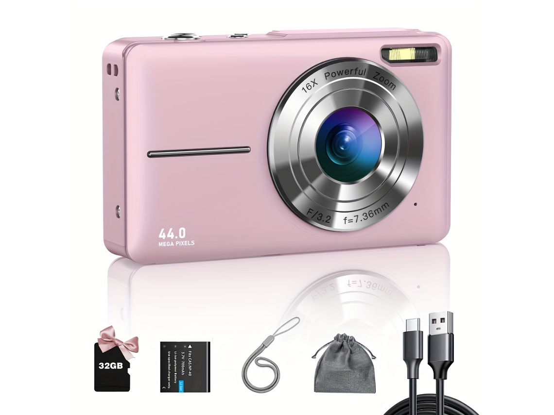 Cámara digital Gertiz HD 1080p Foto y video Zoom 16x Tarjeta de memoria de 32 GB Rosa