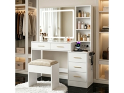 Tocador Con Espejo E Iluminación Led Y Taburete, Mesa De Maquillaje Con Enchufe Múltiple Integrado, Tocador Moderno Blanco Con 5 Cajones