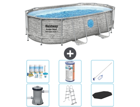 Piscina BESTWAY Oval Power Steel Swim Vista - Estampado Piedra - 427 x 250 x 100 - Incluye Bomba - Escalera - Cobertor Accesorios CB32