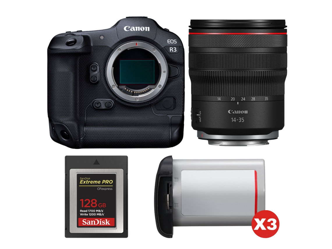 Canon Eos R3 + Rf 14-35mm F/4 L Is Usm + 1 Sandisk 128gb Extreme Pro Cfexpress Type B + 3 Canon Lp-e19 + Ebook “20 Consejos Para Fotos Que Impactan”