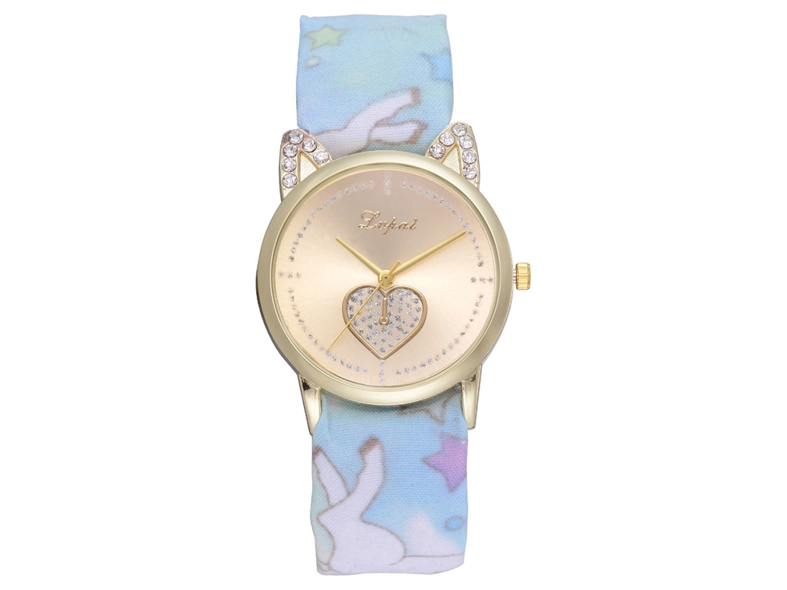 Reloj De Cuarzo Para Mujer Con Correa De Tela Y Orejas De Gato Con Pedrería Lvpai P817 (azul Cielo)