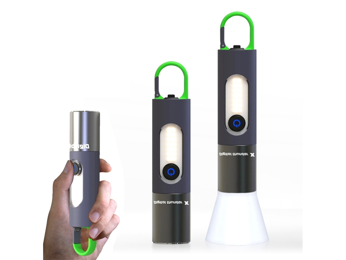 Linterna multifuncional con enfoque telescópico, lámpara de camping, tira de luz lateral funcional, pantalla de lámpara.