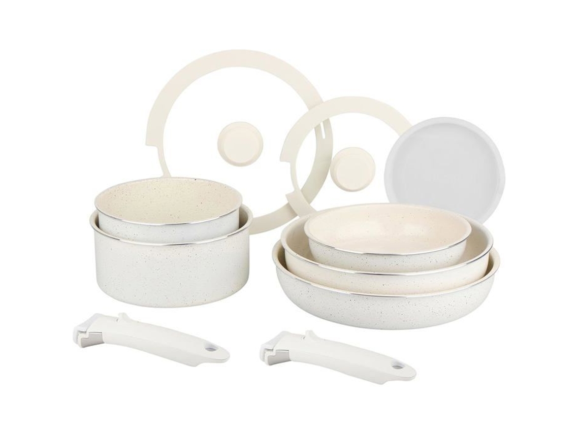Sitram 716977 Juego de utensilios de cocina de aluminio y cerámica de 10 piezas (blanco, sin banderas), incluye 2 sartenes, 2 cacerolas y sartenes para saltear, apto para todo tipo de estufas, inducción.