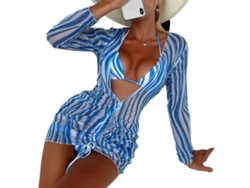 Traje de baño bikini de dos piezas, manga larga, tejido de punto azul y blanco, talla GG (extragrande).