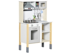 Juego de cocina de madera, funciones interactivas, diseño ajustable, blanco.
