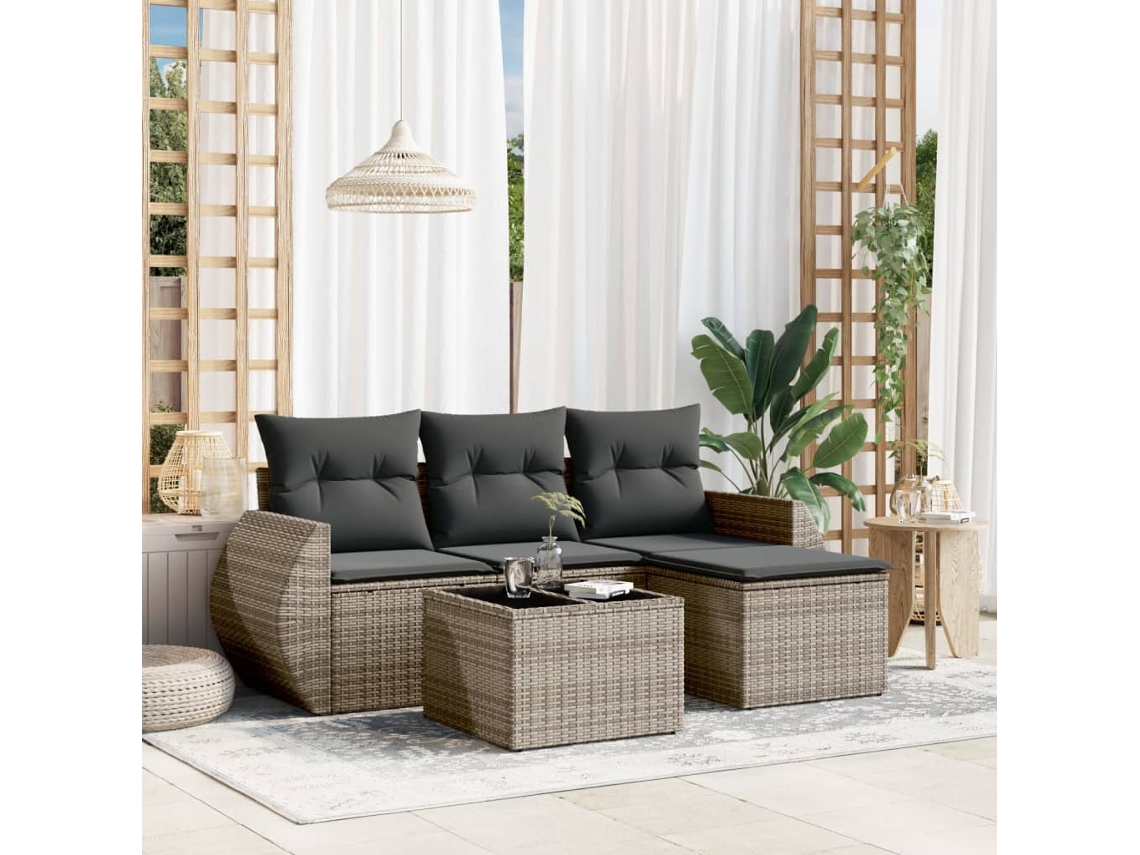 Conjunto de sofá de jardín de 5 piezas con cojines, ratán gris, DKD Home Decor