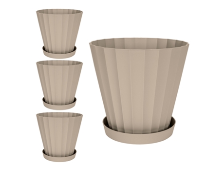 Macetas para Plantas PLASTIKEN Redonda con Platos Incluidos (4 Un - 15L - Marrón - 32 x 32 x 29 cm)