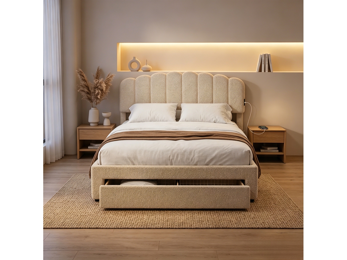 Cama De Matrimonio 160x200 Con 1 Cajón Y Puerto Usb, Cama Acolchada Con Cabecero, Marco Metálico Y Baúl, Terciopelo Teddy, Sin Colchón