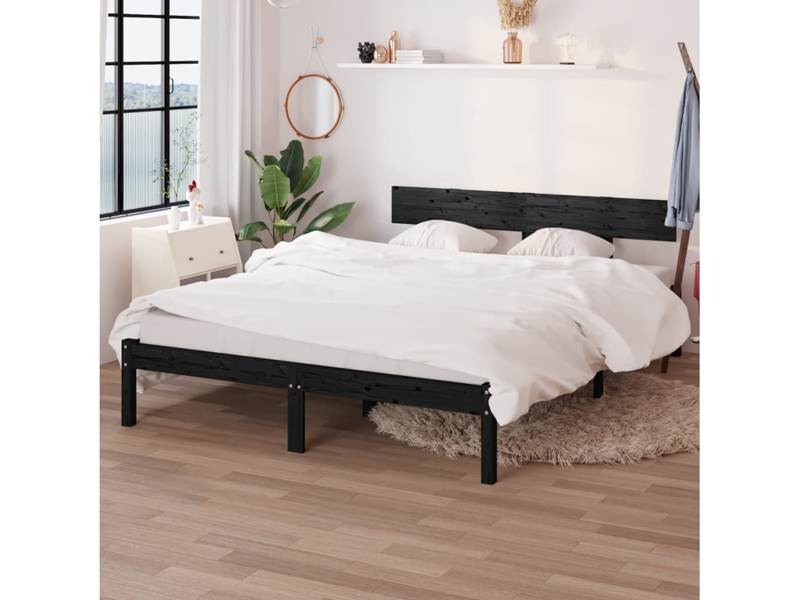 Estructura De Cama Doble Sin Colchón Madera Maciza Pino Negro