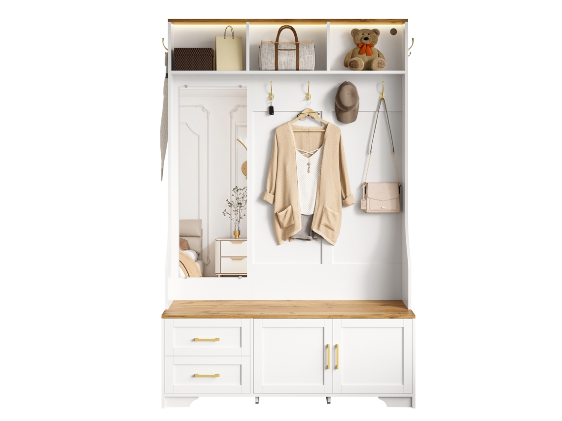 Mueble Recibidor 120 L X 40 B X 187 H Cm - Con Espejo, Led, Percheros, Cajones, Blanco, Madera