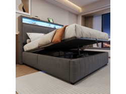 Cama 160x200 Cm Con Almacenamiento, Led, Usb, Cabecero Con Espacio, Hidráulica, Somier De Láminas, Lino Gris.